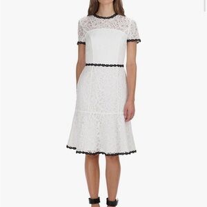 White Lace Midi Dress with Black Accents